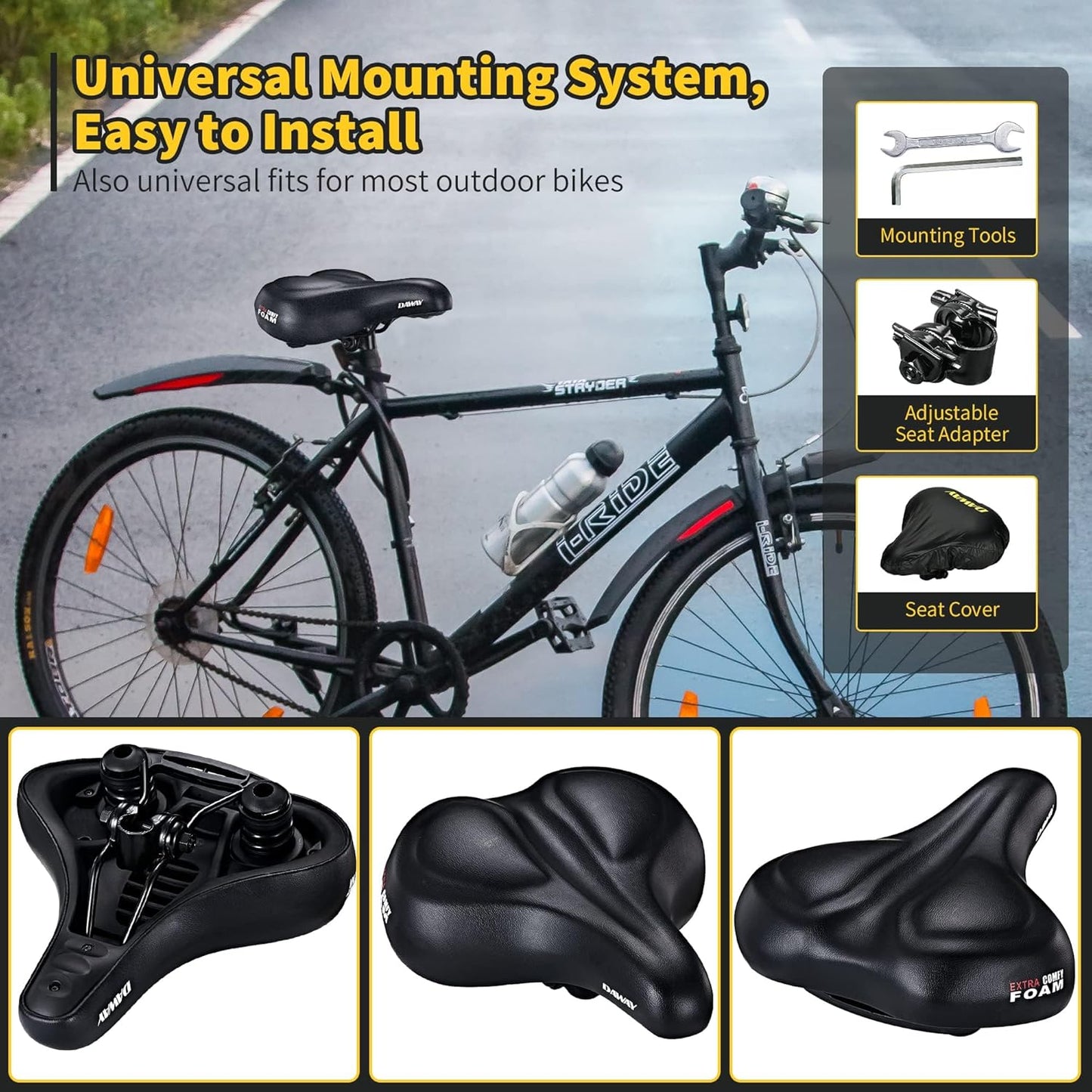 C50 Oversized Comfortable Bike Seat - Extra Wide Bike Saddle Replacement with Memory Foam Cushion for Men Women Comfort, Compatible with Peloton, Exercise, Mountain, Road Bicycles or E-Bike