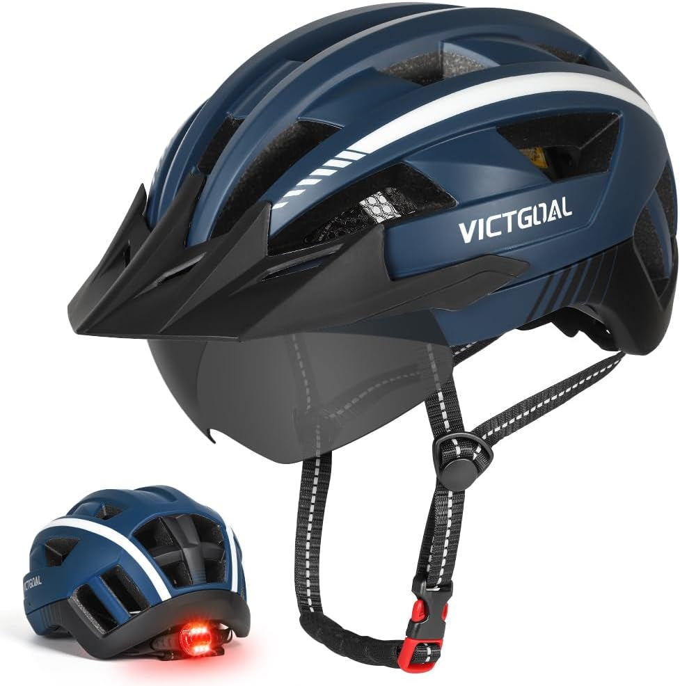 Bike Helmet for Men Women with Led Light Detachable Magnetic Goggles Removable Sun Visor Mountain & Road Bicycle Helmets Adjustable Size Adult Cycling Helmets