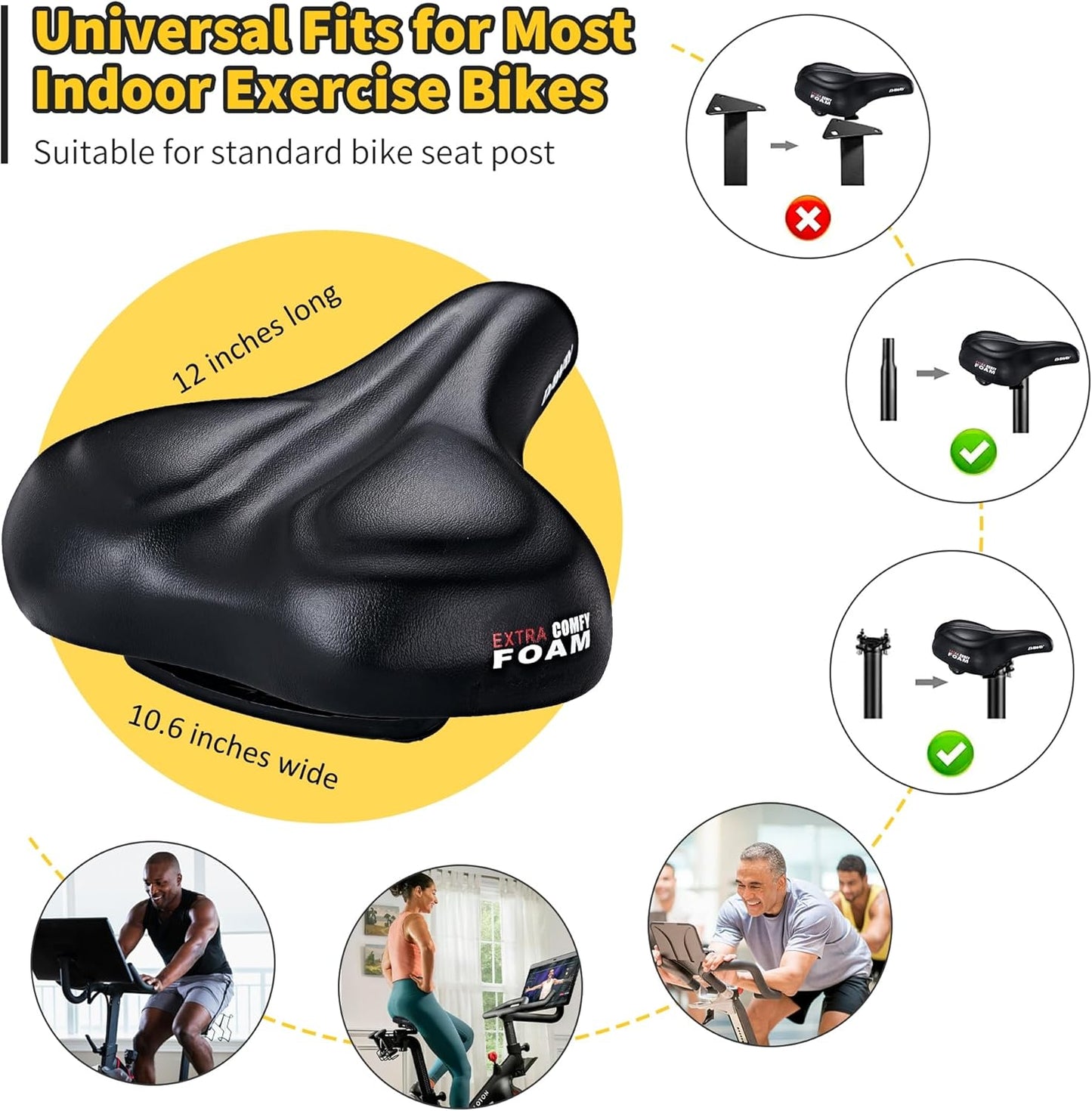C50 Oversized Comfortable Bike Seat - Extra Wide Bike Saddle Replacement with Memory Foam Cushion for Men Women Comfort, Compatible with Peloton, Exercise, Mountain, Road Bicycles or E-Bike