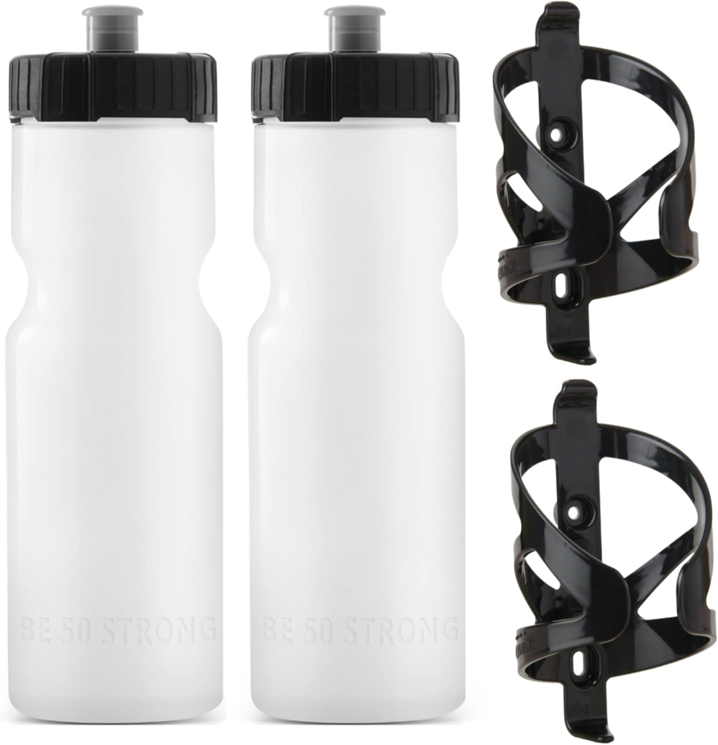 Bike Water Bottle Holder & Bottle Combo – 2-Pack 22 Oz Sports Squeeze Bottles with Pull Top Cap & Easy-Install Bike Cage – Made in USA – Brand