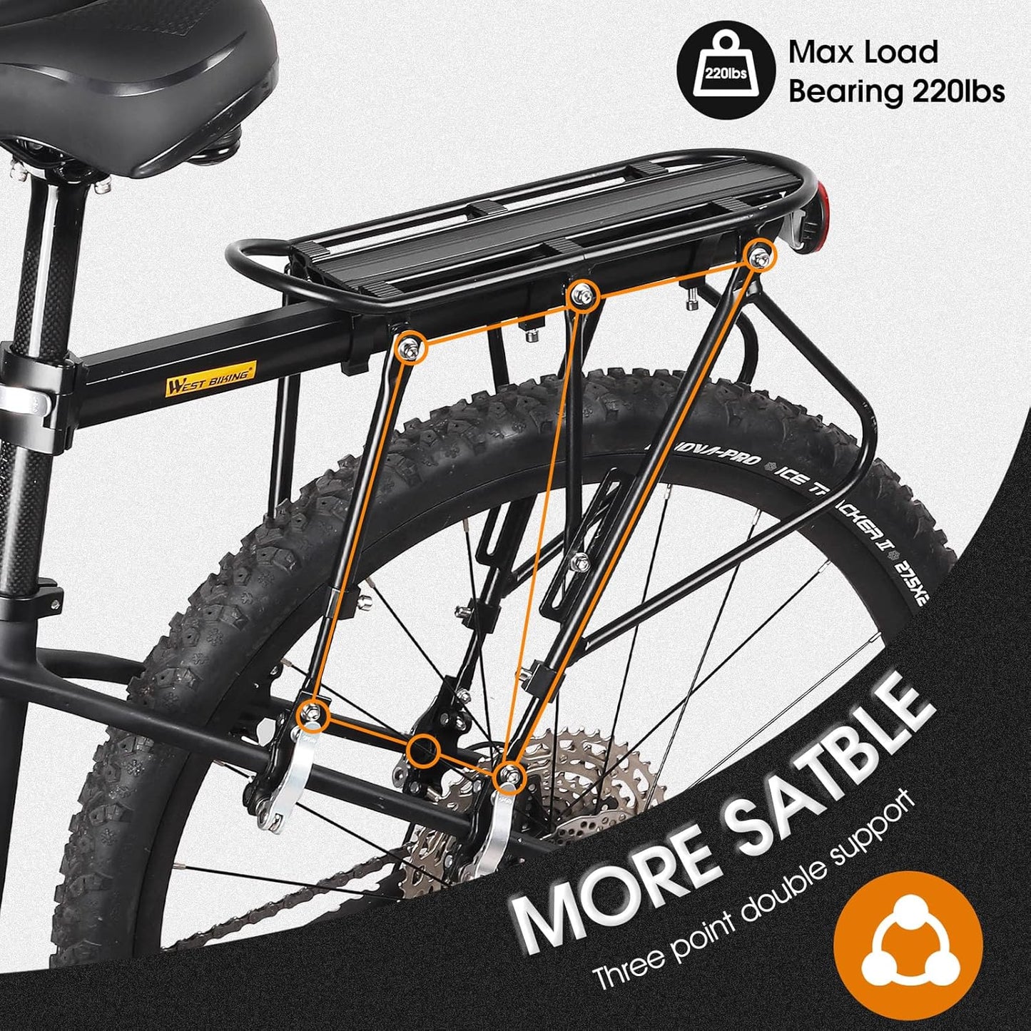 Bike Cargo Rack 220 Lbs Load Bike Rack Full Quick Release Universal Adjustable, Aluminum Alloy Waterproof Bike Luggage Rear Rack, Bicycle Rear Rack for MTB, Ebikes, Road Bike