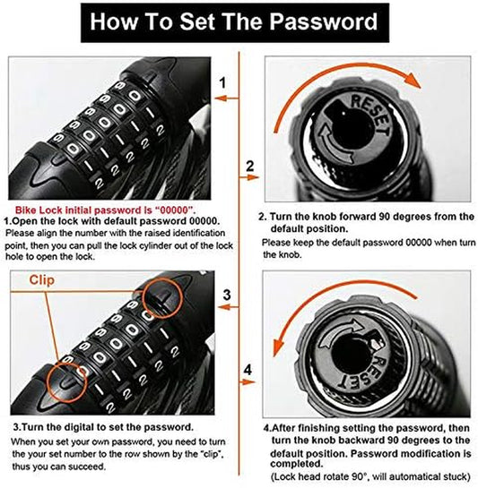 Bike Lock Bicycle Lock Chain ,5-Digit Combination Lock Core Steel Wire Bike Lock Security&Portable Bicycle Locks,1.1M X 1/2 Inch (Black)