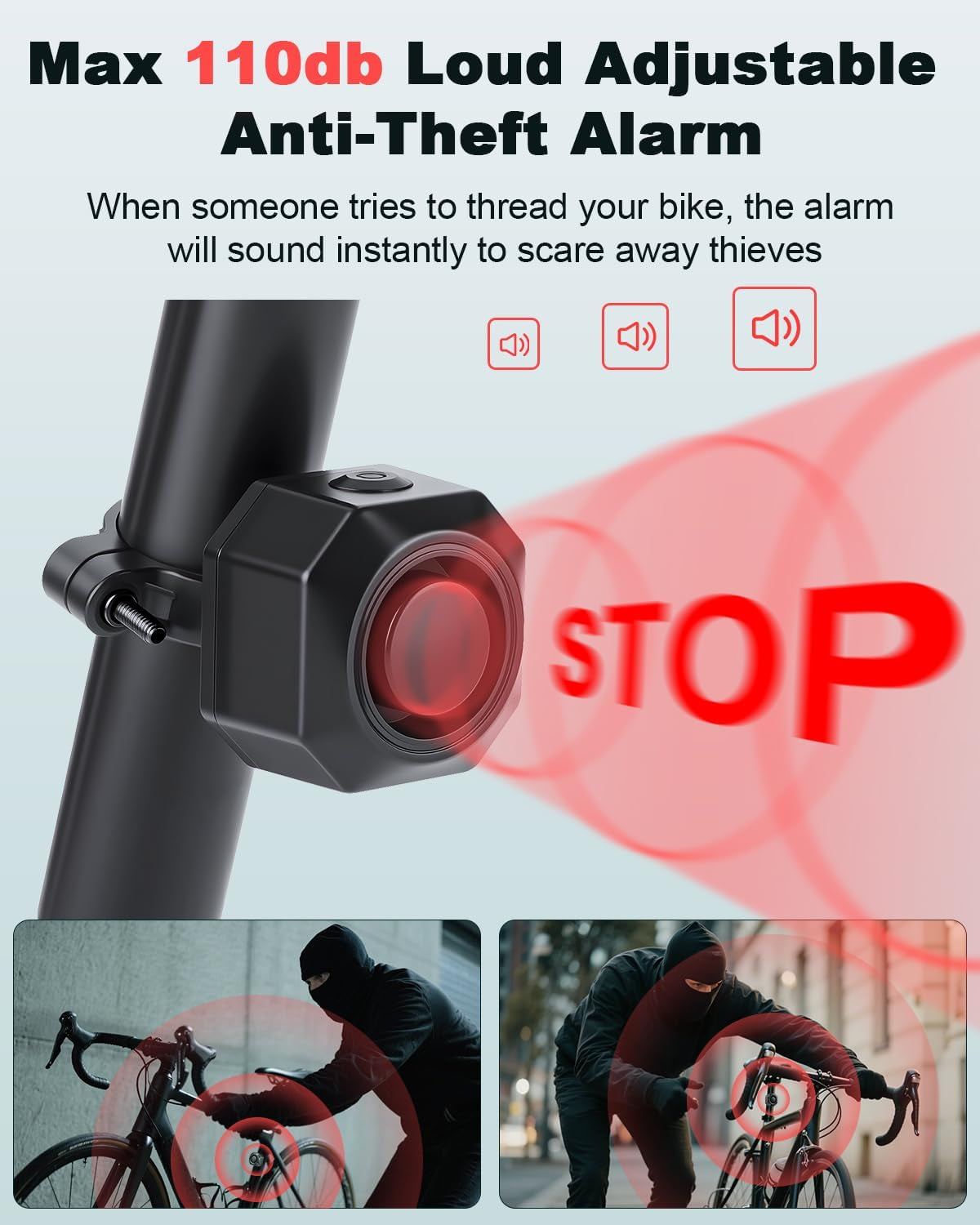 powvine 110dB rechargeable bike alarm with remote – photo 2