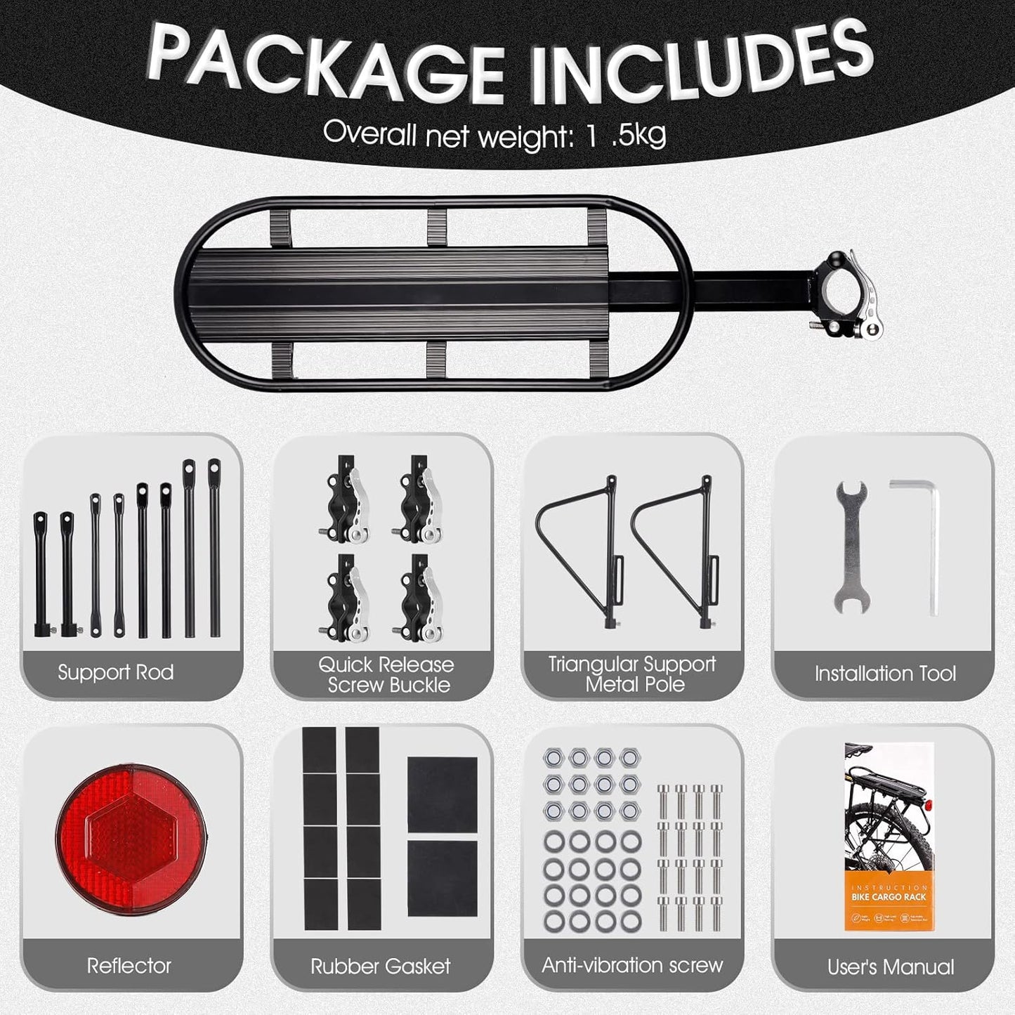Bike Cargo Rack 220 Lbs Load Bike Rack Full Quick Release Universal Adjustable, Aluminum Alloy Waterproof Bike Luggage Rear Rack, Bicycle Rear Rack for MTB, Ebikes, Road Bike