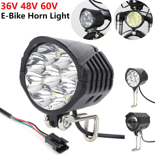 36V/48V/60V E-Bike Horn Light Electric Scooter LED Headlight 18W Waterproof 2 in 1 Horn Lamp Motorcycle Bicycle Flashlight