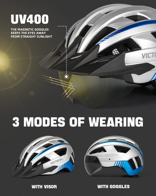 Bike Helmet for Men Women with Led Light Detachable Magnetic Goggles Removable Sun Visor Mountain & Road Bicycle Helmets Adjustable Size Adult Cycling Helmets