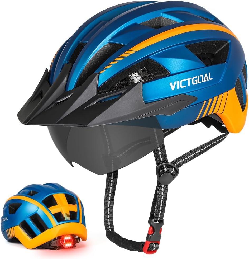 Bike Helmet for Men Women with Led Light Detachable Magnetic Goggles Removable Sun Visor Mountain & Road Bicycle Helmets Adjustable Size Adult Cycling Helmets