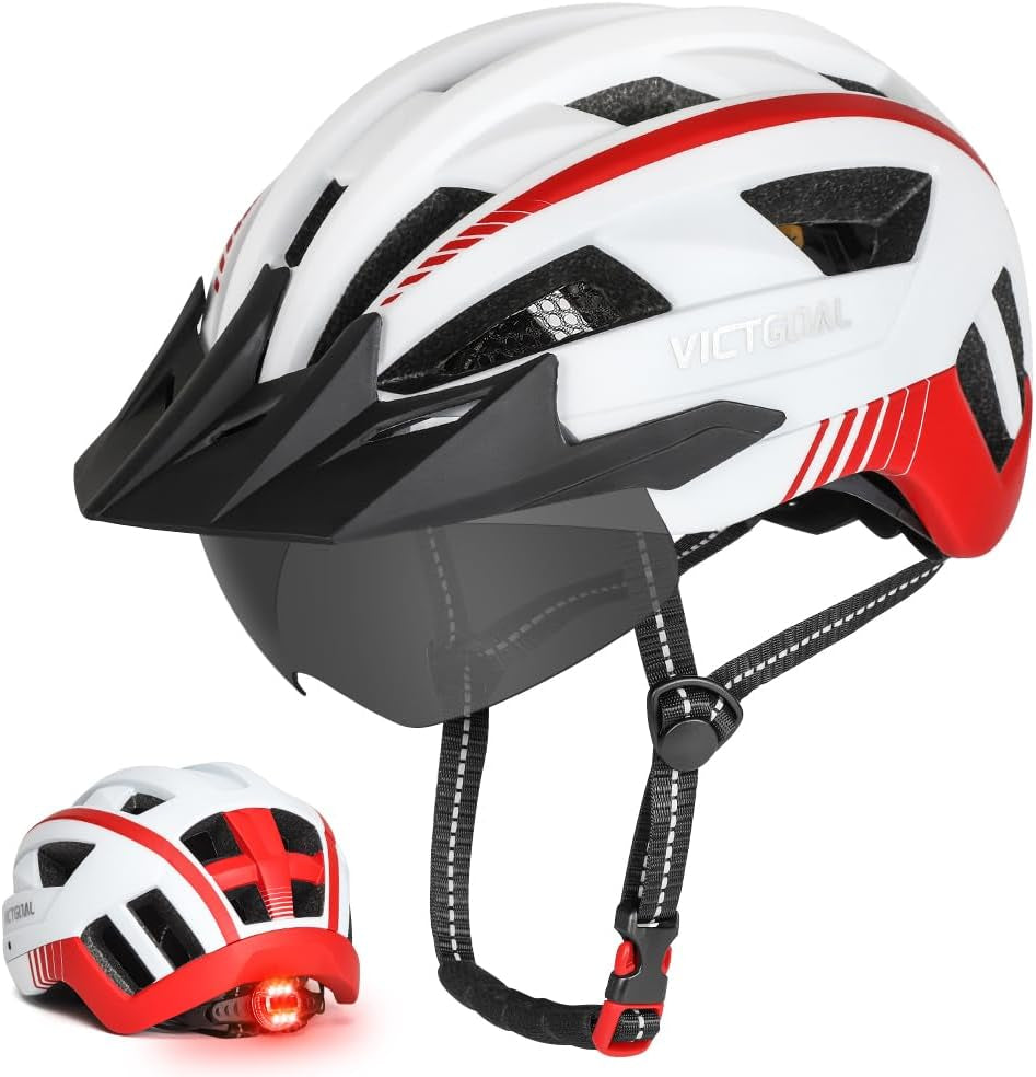 Bike Helmet for Men Women with Led Light Detachable Magnetic Goggles Removable Sun Visor Mountain & Road Bicycle Helmets Adjustable Size Adult Cycling Helmets