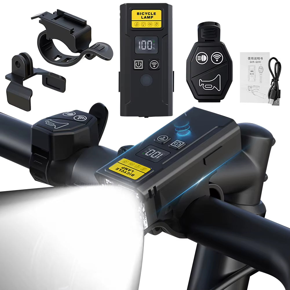 Bicycle Front Lamp with Horn Remote Control Bike Handlebar Flashlight Rechargeable Bike Headlight Flashlight for Night Riding