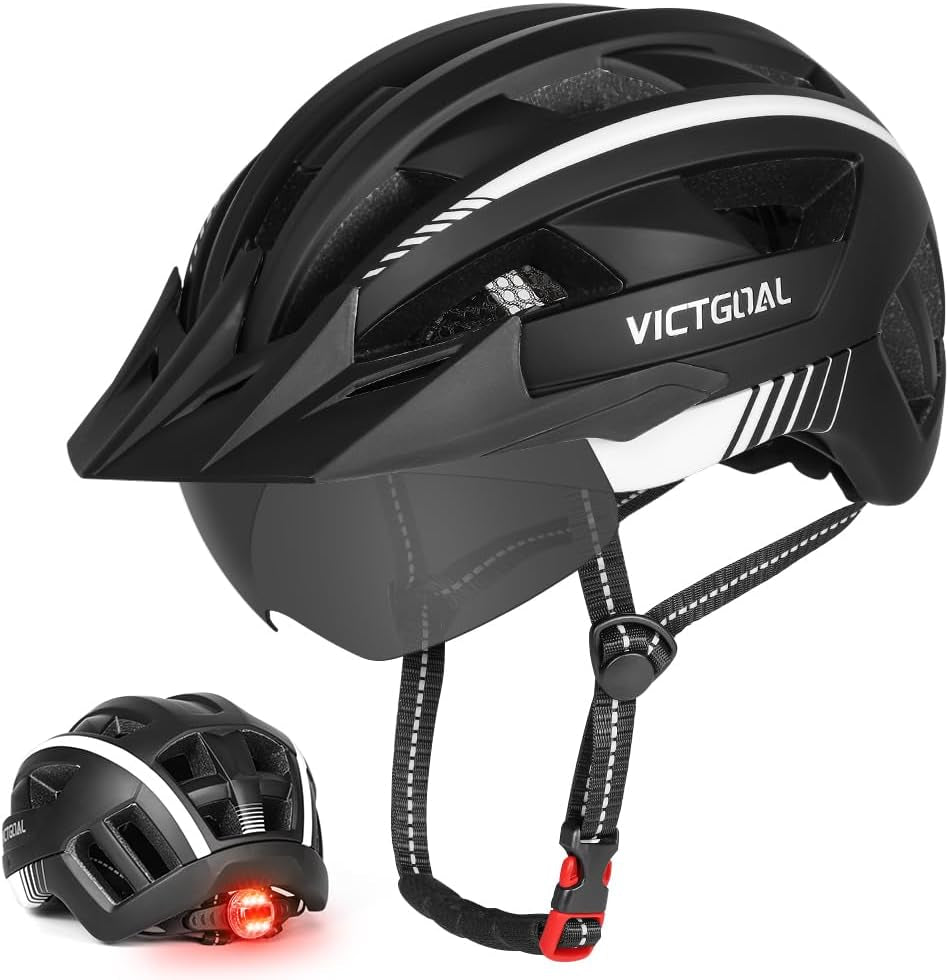 Bike Helmet for Men Women with Led Light Detachable Magnetic Goggles Removable Sun Visor Mountain & Road Bicycle Helmets Adjustable Size Adult Cycling Helmets