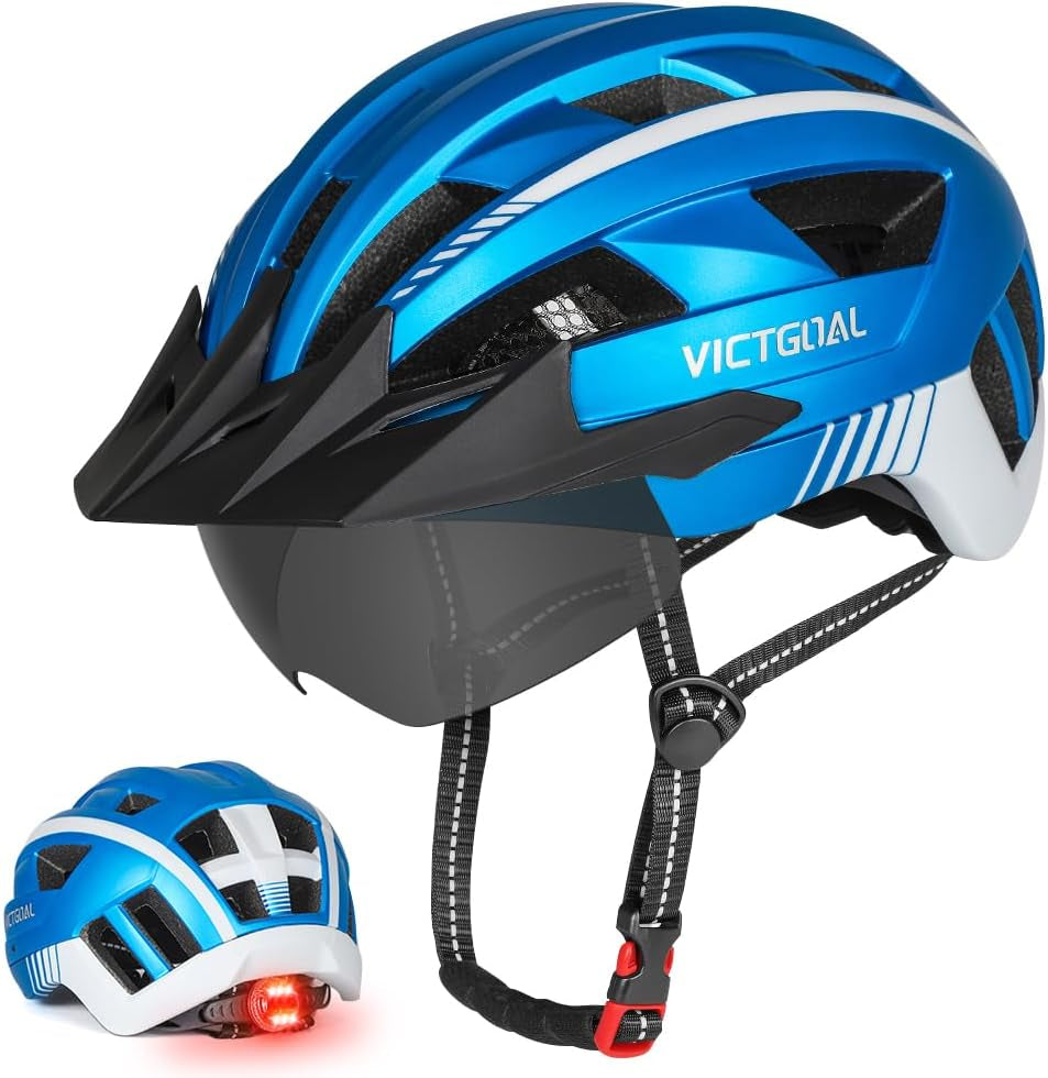 Bike Helmet for Men Women with Led Light Detachable Magnetic Goggles Removable Sun Visor Mountain & Road Bicycle Helmets Adjustable Size Adult Cycling Helmets