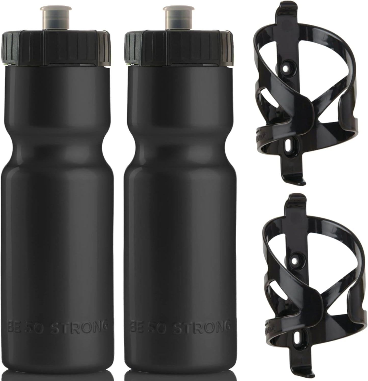Bike Water Bottle Holder & Bottle Combo – 2-Pack 22 Oz Sports Squeeze Bottles with Pull Top Cap & Easy-Install Bike Cage – Made in USA – Brand