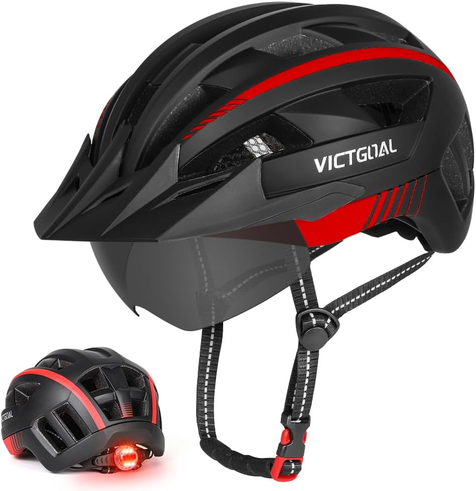 Bike Helmet for Men Women with Led Light Detachable Magnetic Goggles Removable Sun Visor Mountain & Road Bicycle Helmets Adjustable Size Adult Cycling Helmets