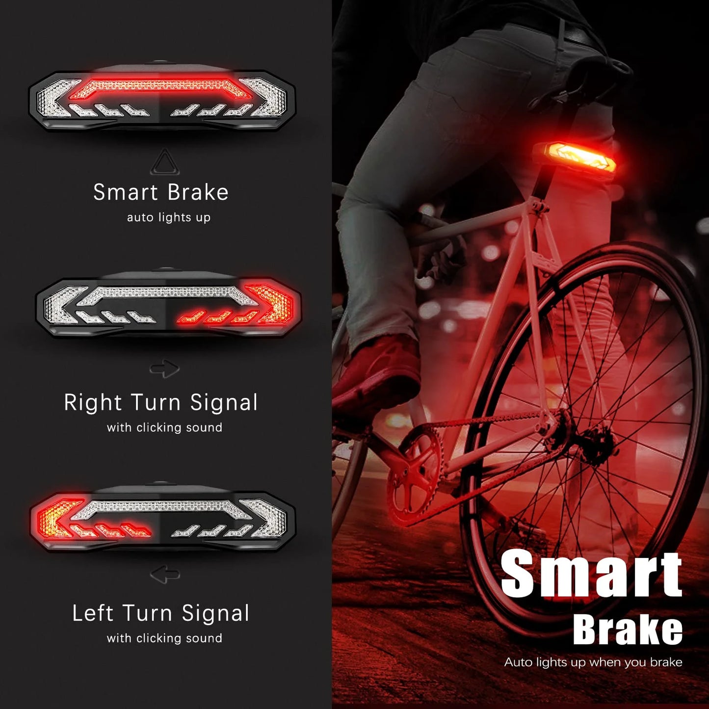 5-In-1 Bicycles Tail Light Alarm Rechargeable for Night Ride with Turn Signals Brake Light and Remote Control