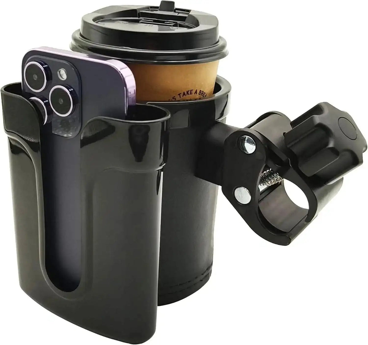 3-in-1 bike handlebar holder for water bottle, phone, and keys, black leather-look ABS