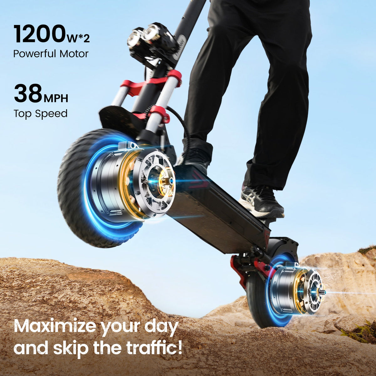 iScooter iX8 dual motor scooter jumping off a rock