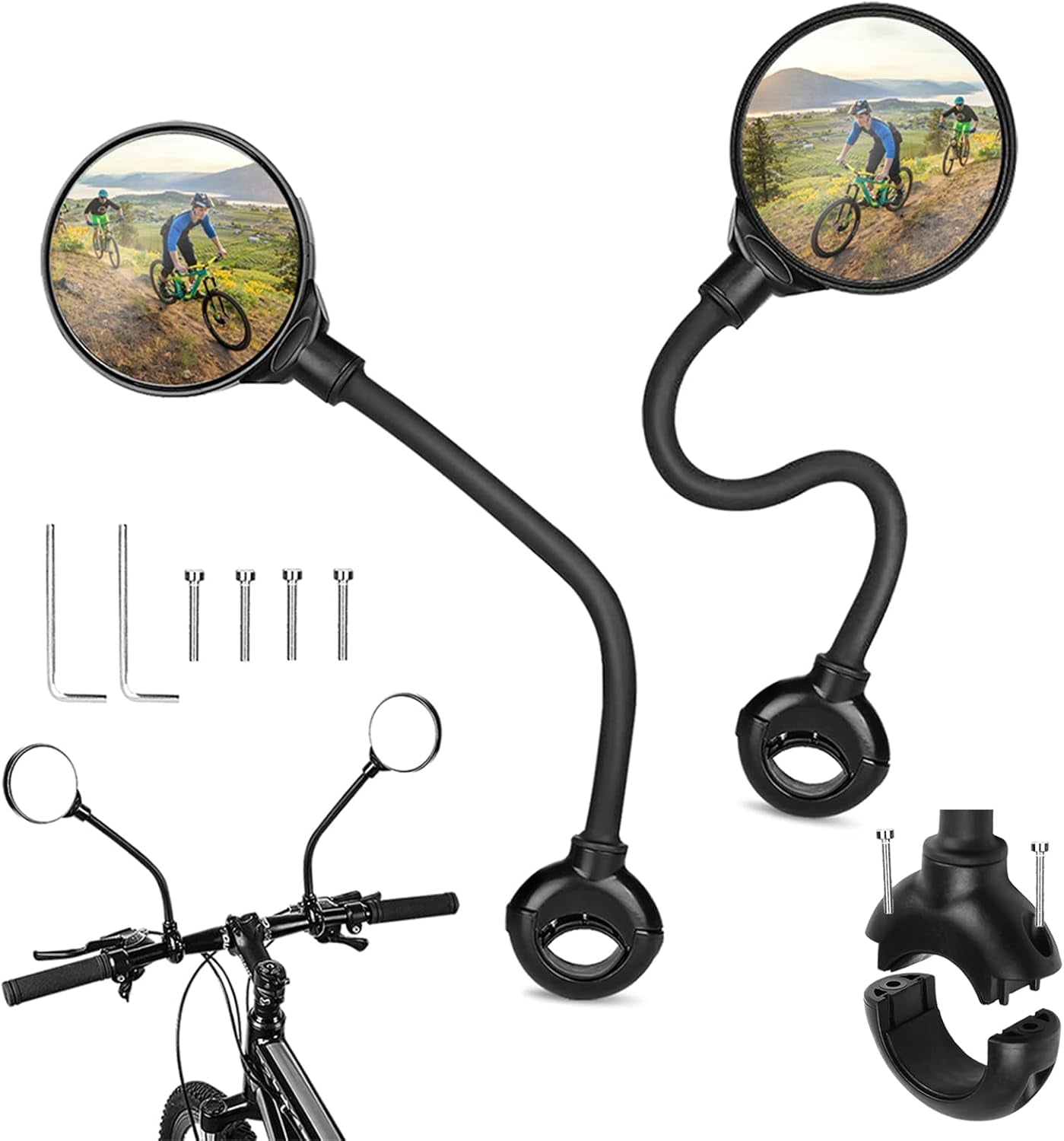 Bike Mirror Handlebar Mount HD Bike Rear View Mirror Bicycle Mirrors for Handlebars Adjustable Rotatable Bike Mirrors Ride Safely (A-2 Pcs Black Long Mirror)