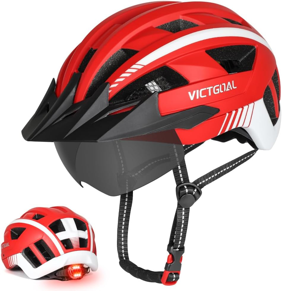 Bike Helmet for Men Women with Led Light Detachable Magnetic Goggles Removable Sun Visor Mountain & Road Bicycle Helmets Adjustable Size Adult Cycling Helmets
