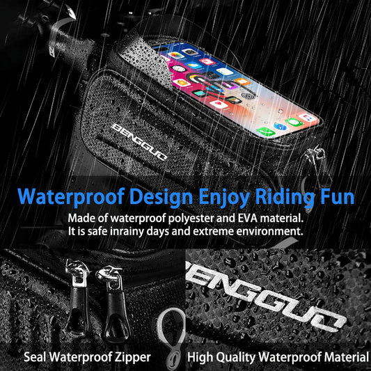 Bike Bags for Bicycles,Bike Phone Front Frame Bag,Waterproof Bicycle Phone Mount Top Tube Cycling Frame Bag Bike Phone Holder Bag Bike Accessories Bag with TPU Touch Screen Sun Visor Fit 7Inch