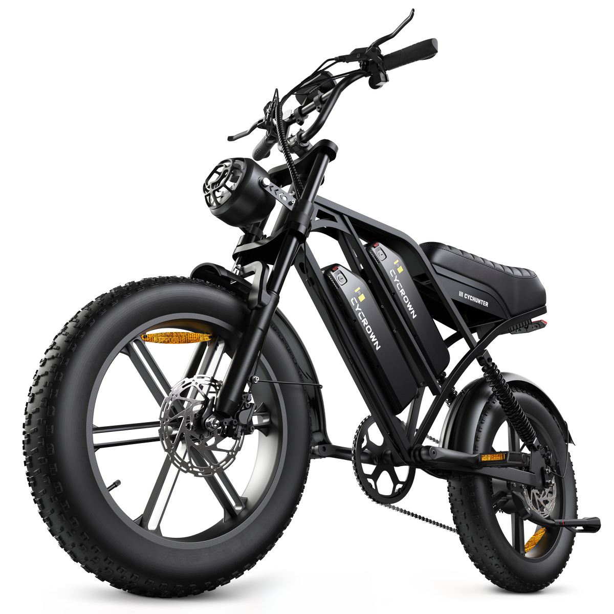 Cycrown CycHunter Pro moped-style e-bike rear three-quarter view