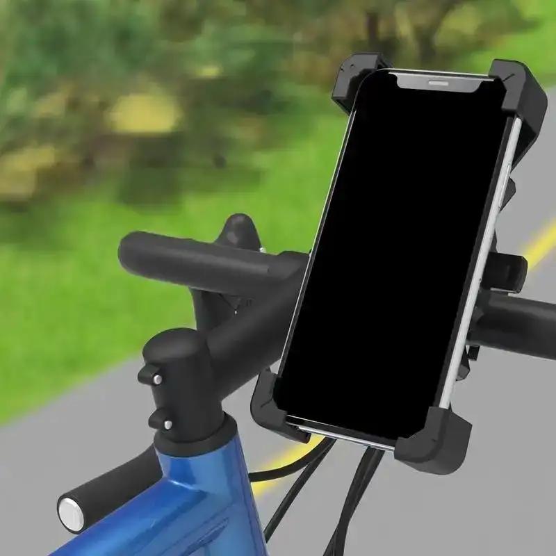 Bike phone holder with phone secured, anti-slip padding close-up