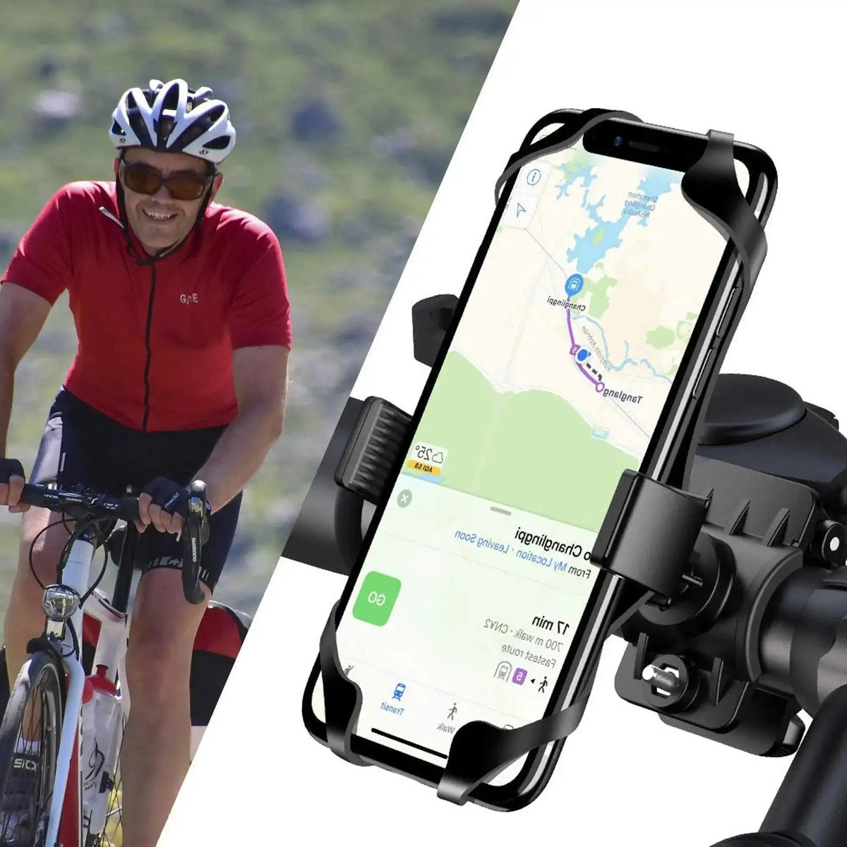 Universal 360-degree bike phone mount with silicone band, black