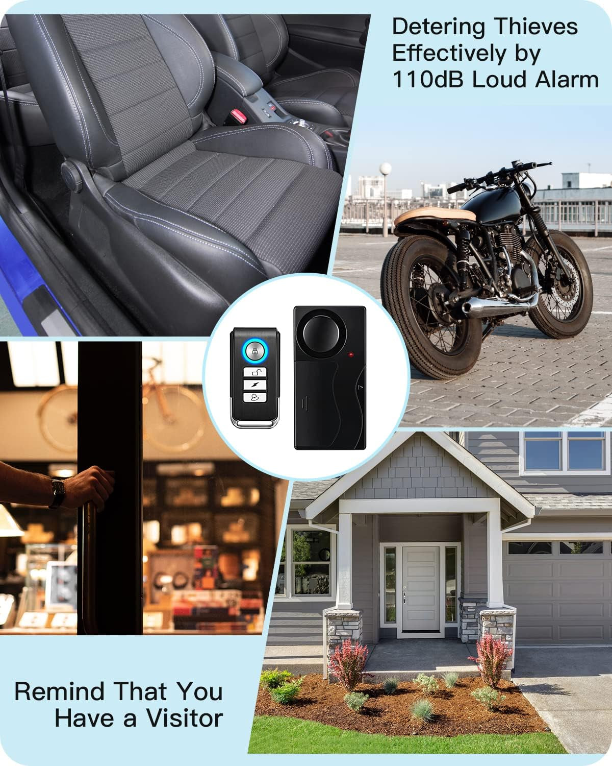 110Db Loud Wireless Vibration Alarm with Remote Control, 1 Alarm, 2 Remotes, Anti-Theft for Cars, Motorcycles, Trucks, Doors, Windows