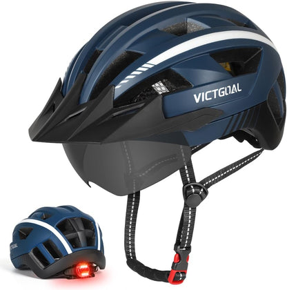 Bike Helmet for Men Women with Led Light Detachable Magnetic Goggles Removable Sun Visor Mountain & Road Bicycle Helmets Adjustable Size Adult Cycling Helmets