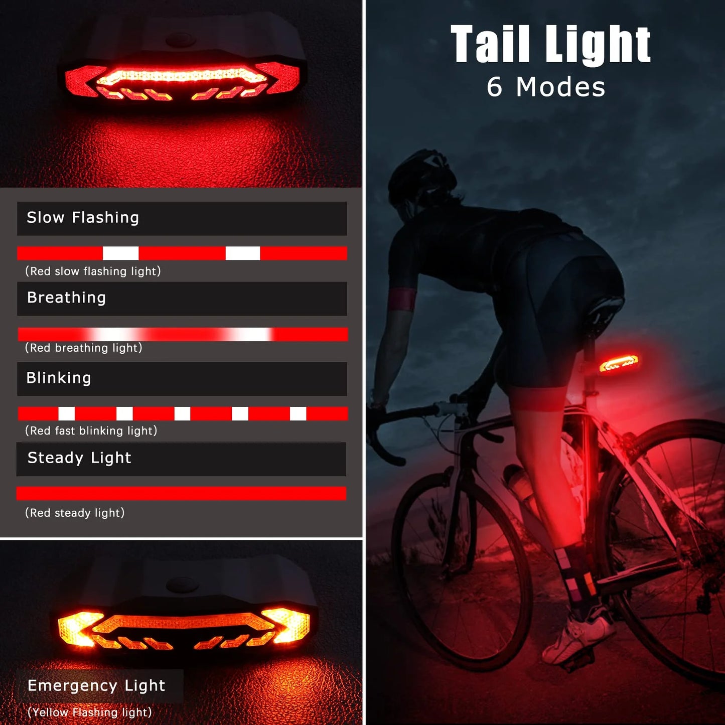 5-In-1 Bicycles Tail Light Alarm Rechargeable for Night Ride with Turn Signals Brake Light and Remote Control