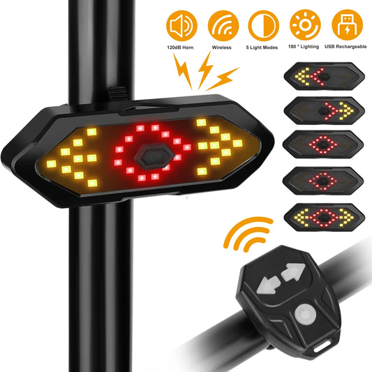 Bike Turn Signals Light, 100LM 5-In-1 Smart Bright Bike Rear Tail Lamp IPX2 USB Charge Waterproof Safety Cycle Night Light