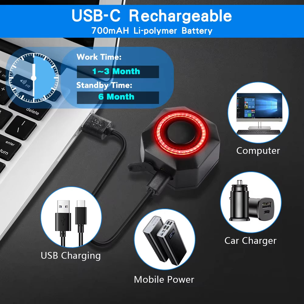 Bicycle Alarm Waterproof USB Charging Burglar Taillight Remote Control Motorcycle Alarm Security Protection 110Db