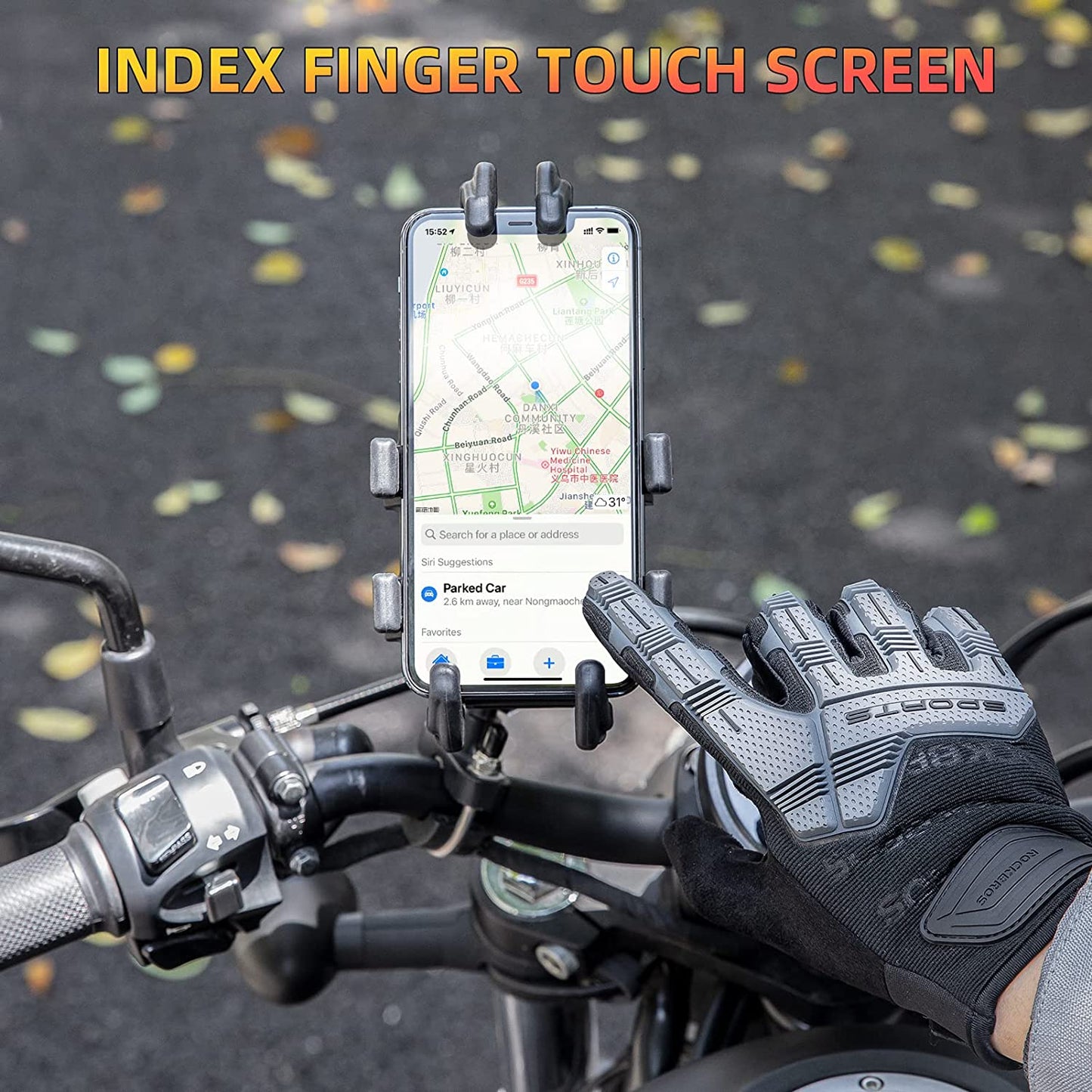 Mountain Bike Gloves with Gel Pad Touch Screen Knuckle Protection for BMX MX ATV MTB Racing Black