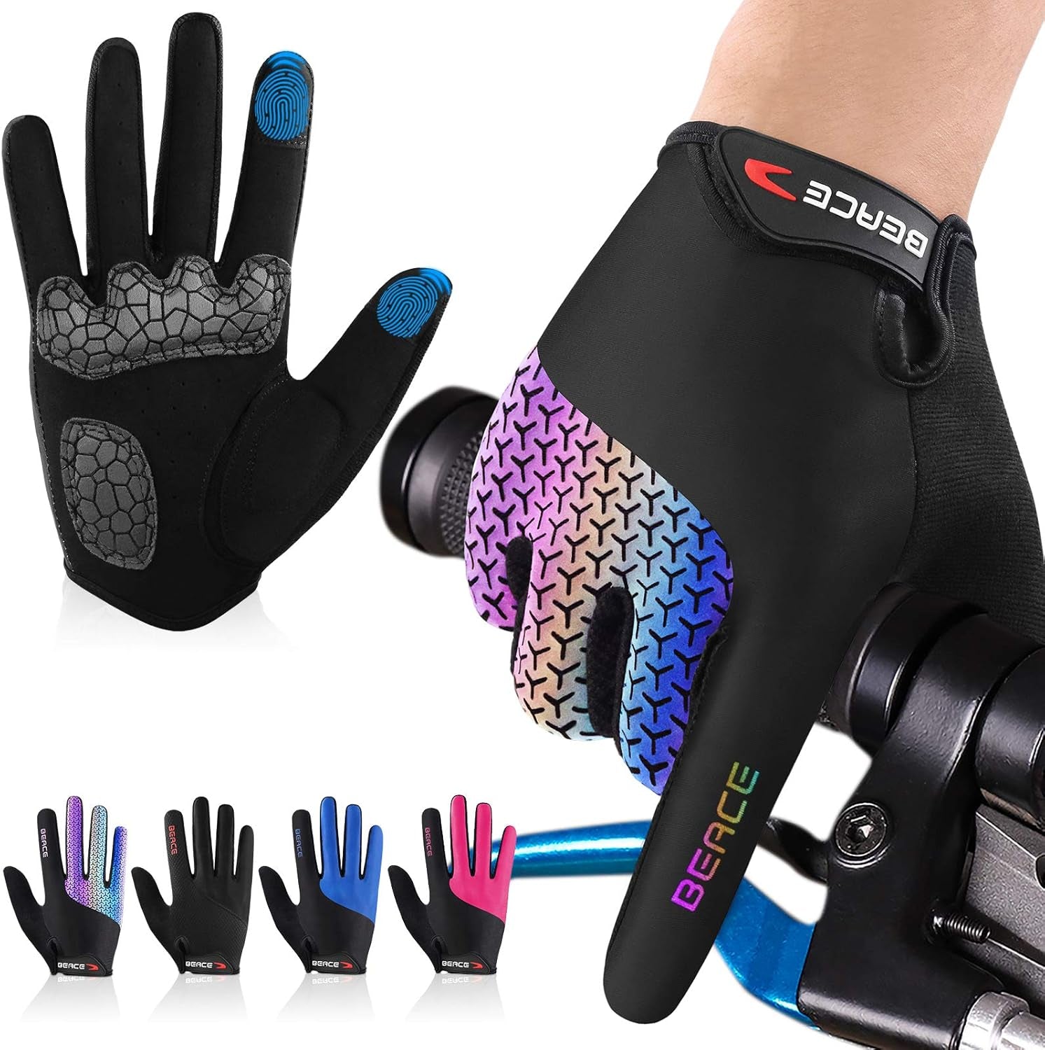 Cycling Bike Biking Gloves for Women(Colorful Night Glow) with Touch Screen-Full Finger Workout Road Mountain Bike Gloves Anti-Slip Silicone Palm