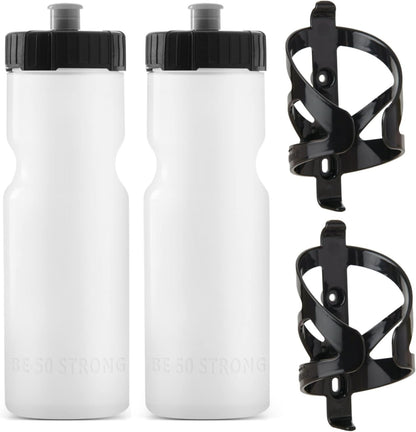 Bike Water Bottle Holder & Bottle Combo – 2-Pack 22 Oz Sports Squeeze Bottles with Pull Top Cap & Easy-Install Bike Cage – Made in USA –  Brand