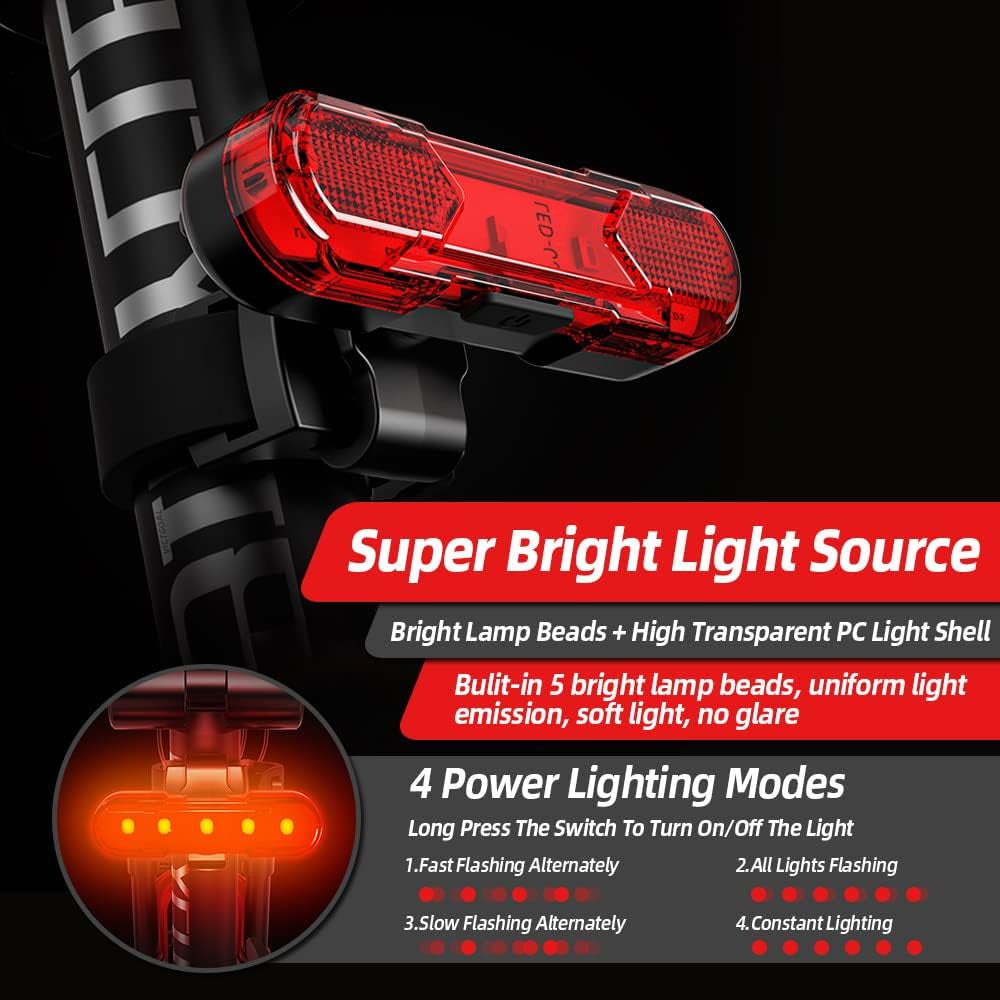 Rear Bike Tail Light 2 Pack, USB Rechargeable Bright LED Bicycle Taillight with 4 Lighting Modes Waterproof Bike Light Flashing Light