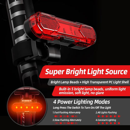 Rear Bike Tail Light 2 Pack, USB Rechargeable Bright LED Bicycle Taillight with 4 Lighting Modes Waterproof Bike Light Flashing Light