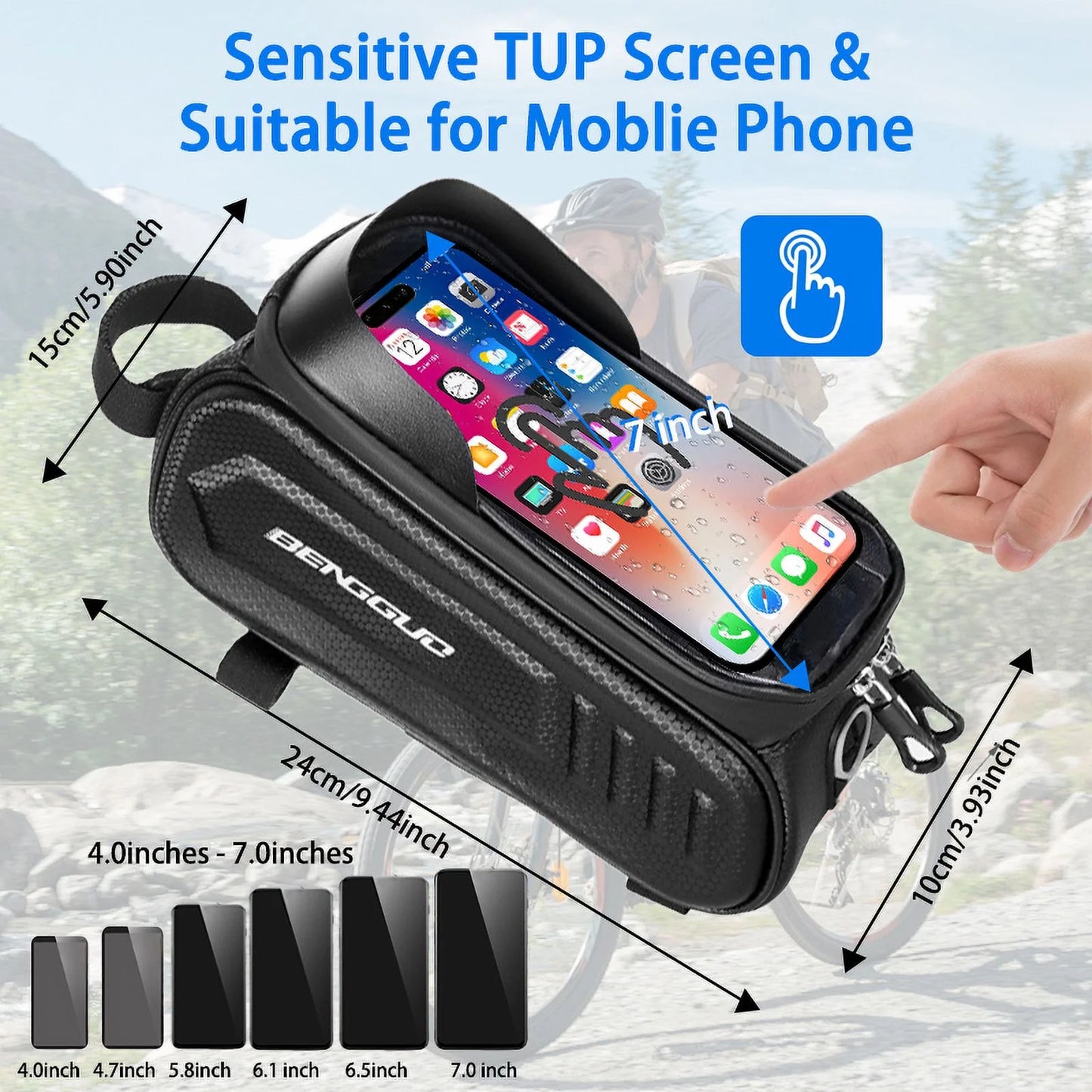 Bike Bags for Bicycles,Bike Phone Front Frame Bag,Waterproof Bicycle Phone Mount Top Tube Cycling Frame Bag Bike Phone Holder Bag Bike Accessories Bag with TPU Touch Screen Sun Visor Fit 7Inch