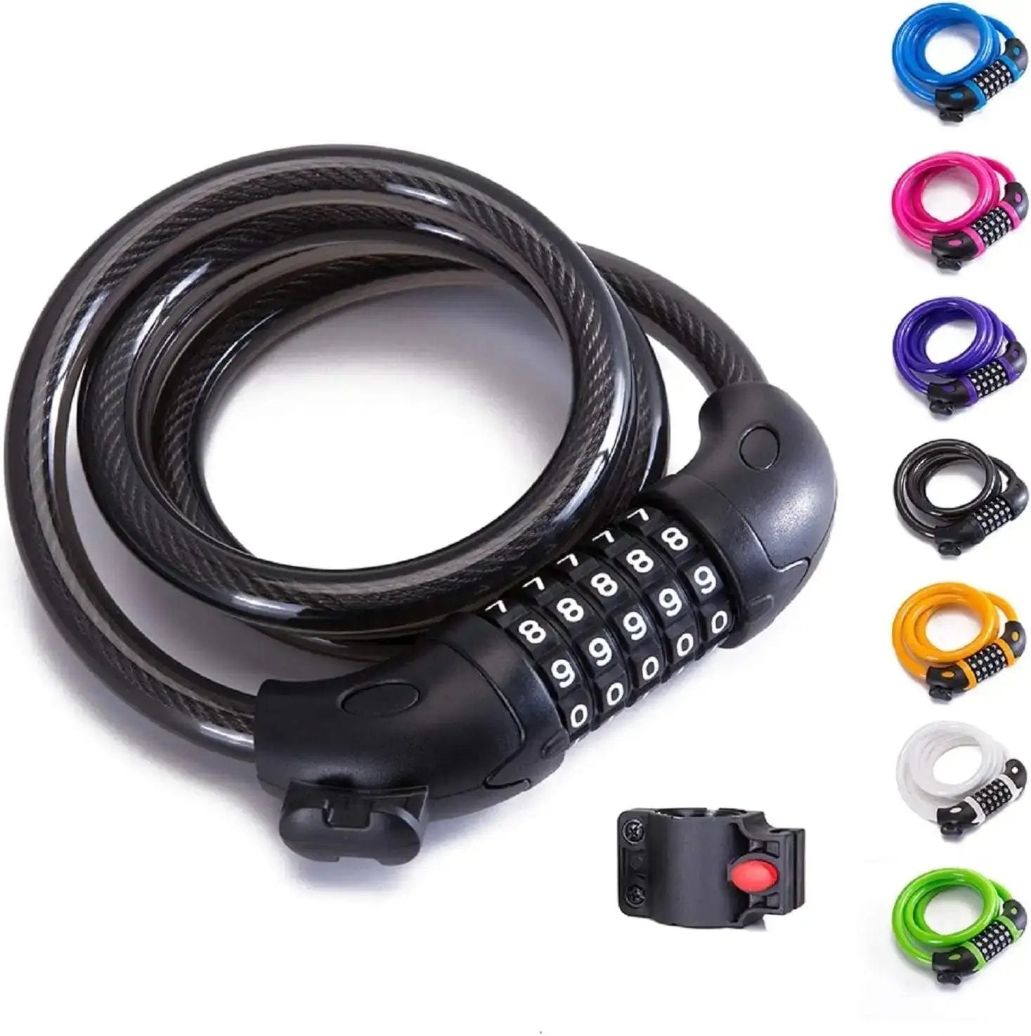 5-digit combination steel bike cable lock in black, full product view