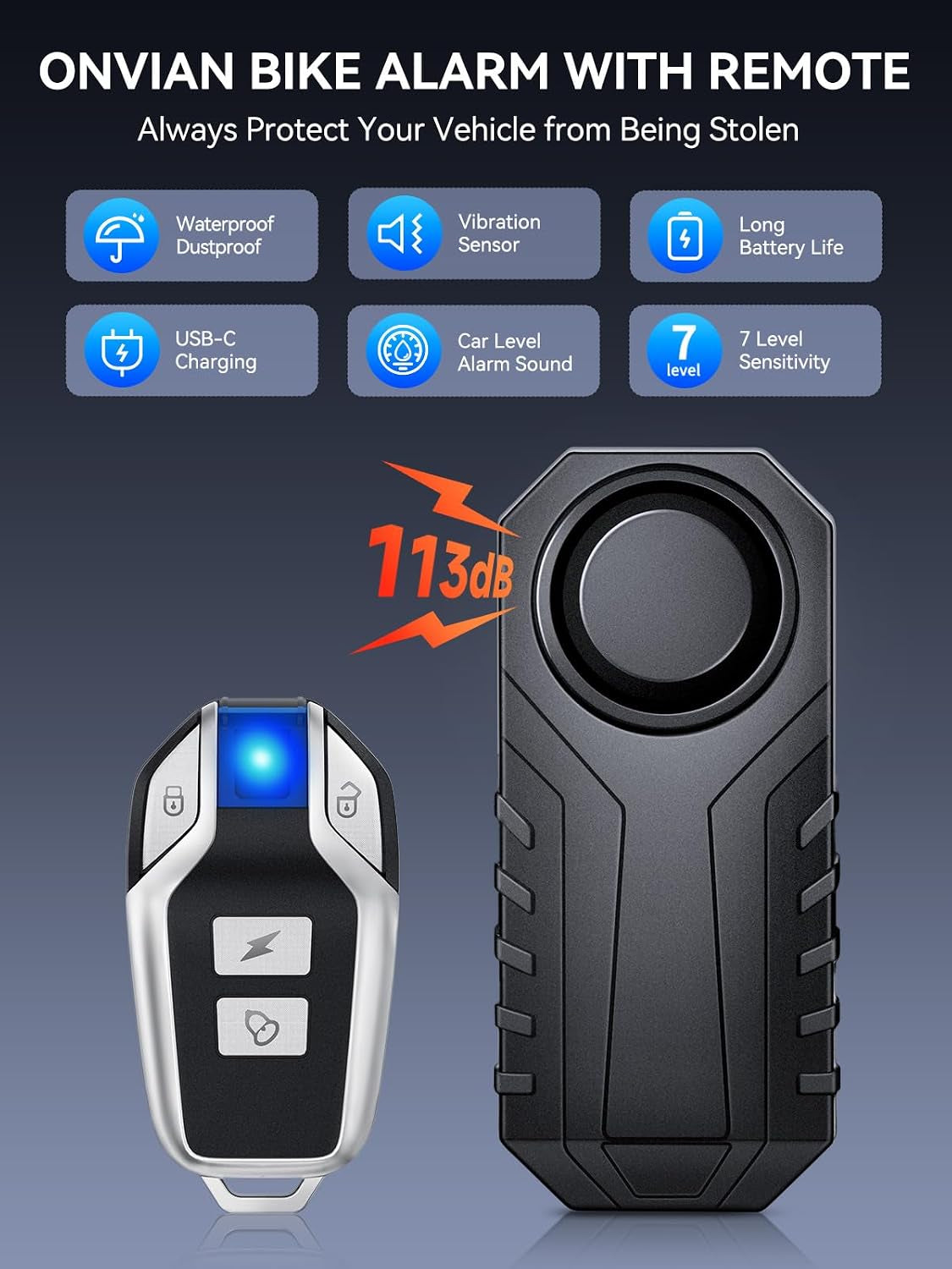 Onvian rechargeable wireless bike alarm with remote – photo 2