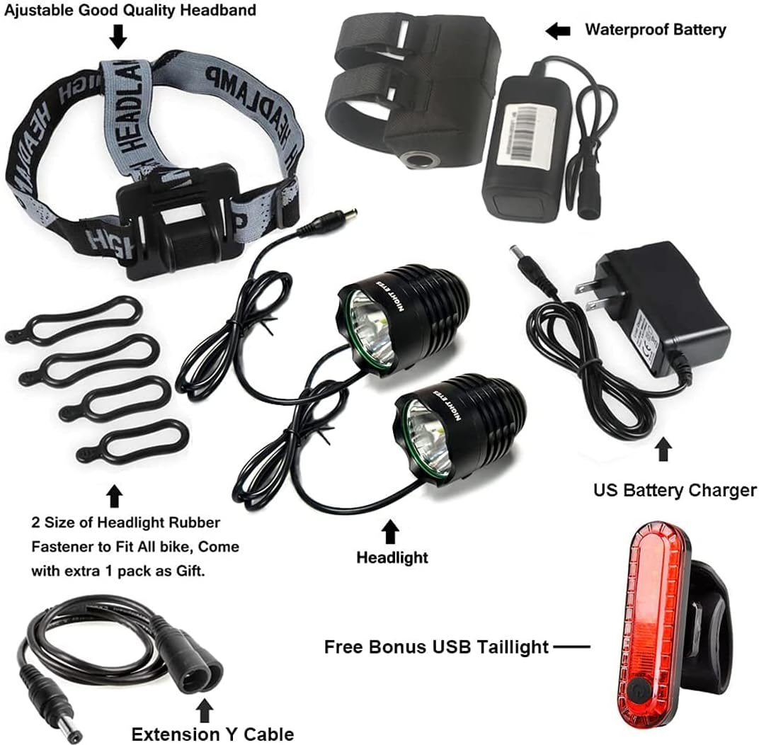 -2400 Lumens(1200Lmx2) Mountain Bike Headlight Bike Light -Rechargeable 8.4V ABS Waterproof Battey Pack-Free USB Biketaillight Bonus -NO Tool Required