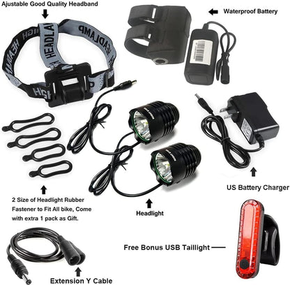 -2400 Lumens(1200Lmx2) Mountain Bike Headlight Bike Light -Rechargeable 8.4V ABS Waterproof Battey Pack-Free USB Biketaillight Bonus -NO Tool Required