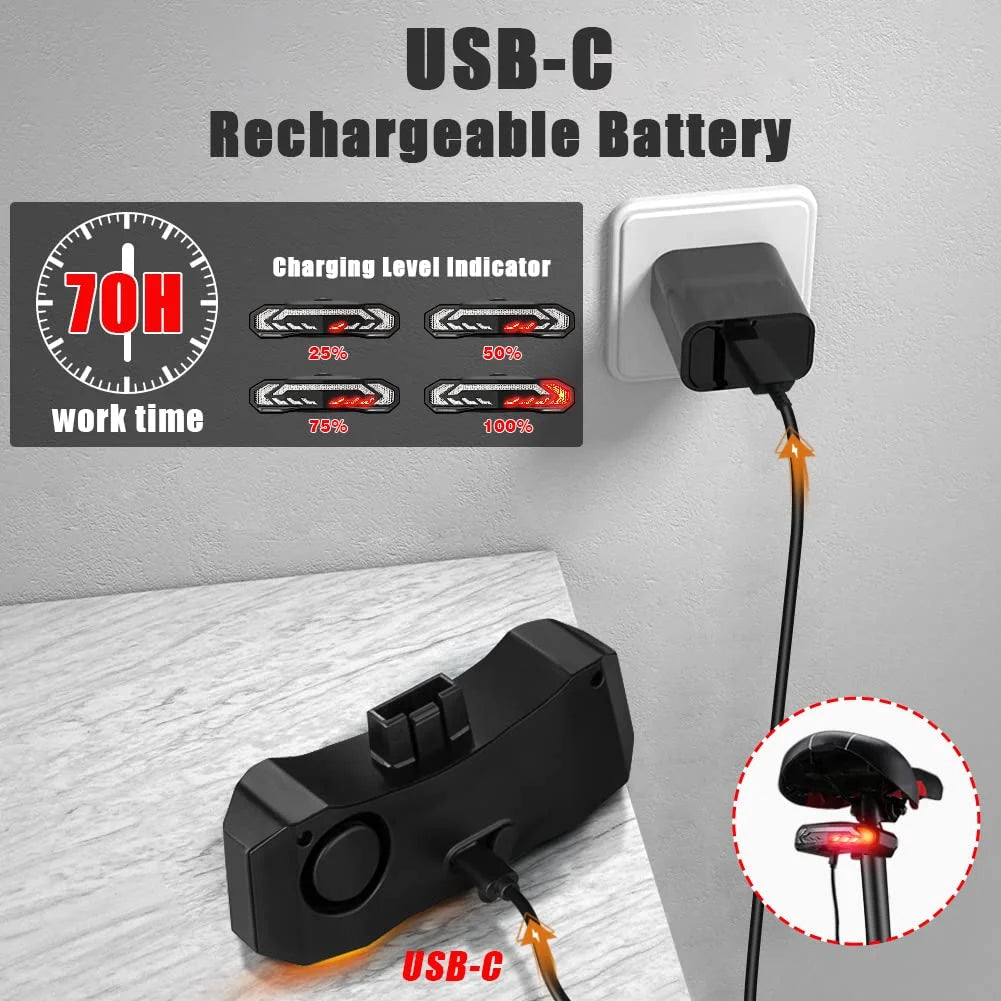 5-In-1 Bicycles Tail Light Alarm Rechargeable for Night Ride with Turn Signals Brake Light and Remote Control