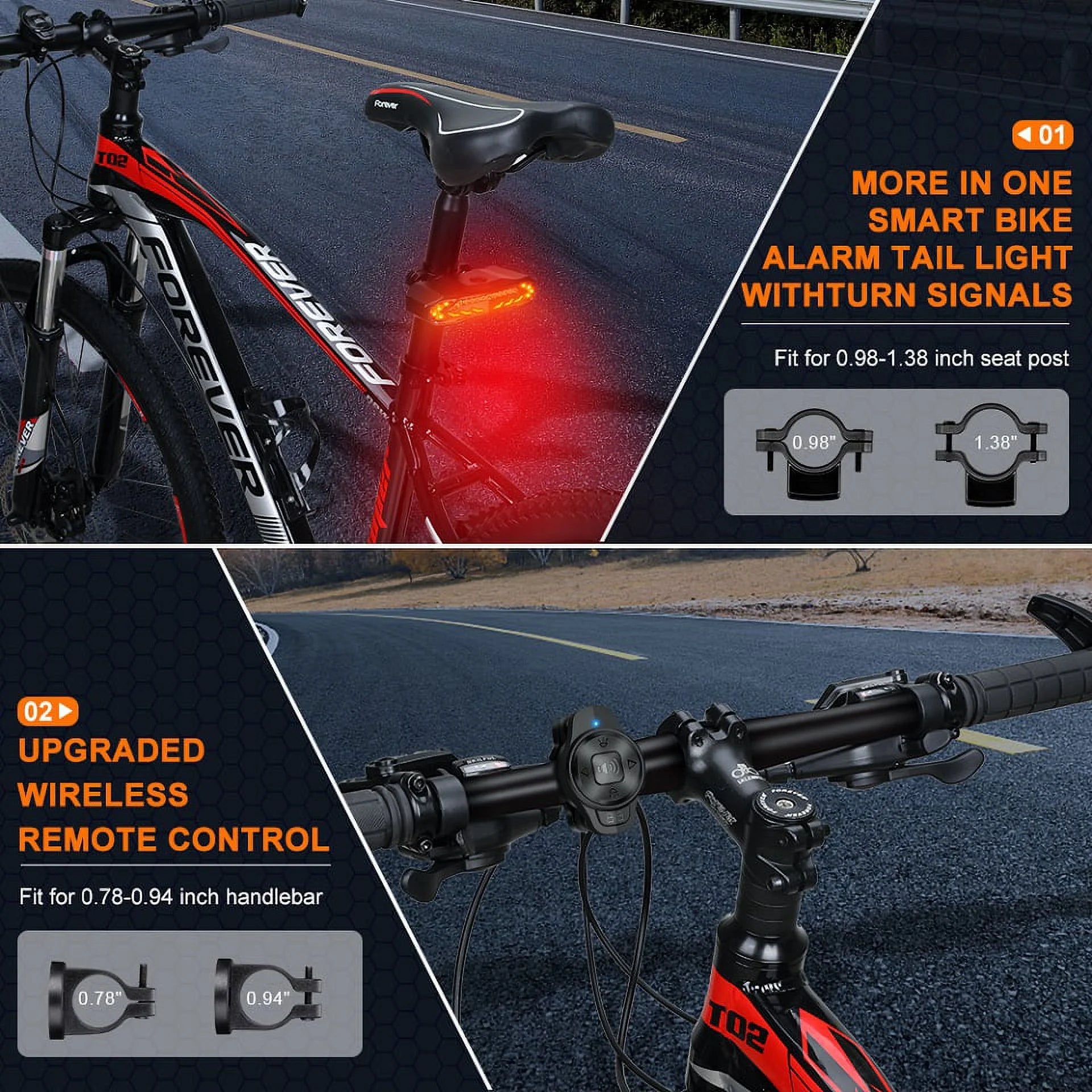 5-In-1 Bicycles Tail Light Alarm Rechargeable for Night Ride with Turn Signals Brake Light and Remote Control