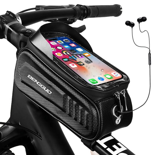 Bike Bags for Bicycles,Bike Phone Front Frame Bag,Waterproof Bicycle Phone Mount Top Tube Cycling Frame Bag Bike Phone Holder Bag Bike Accessories Bag with TPU Touch Screen Sun Visor Fit 7Inch