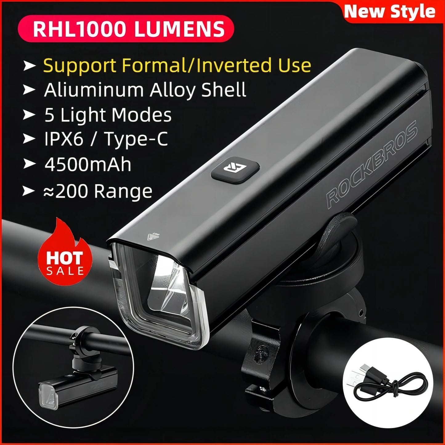 Bicycle Light 1000LM Type-C Charging Bike Light Front Lamp Rechargeable Cycling Headlight Aluminum Waterproof RHL1000