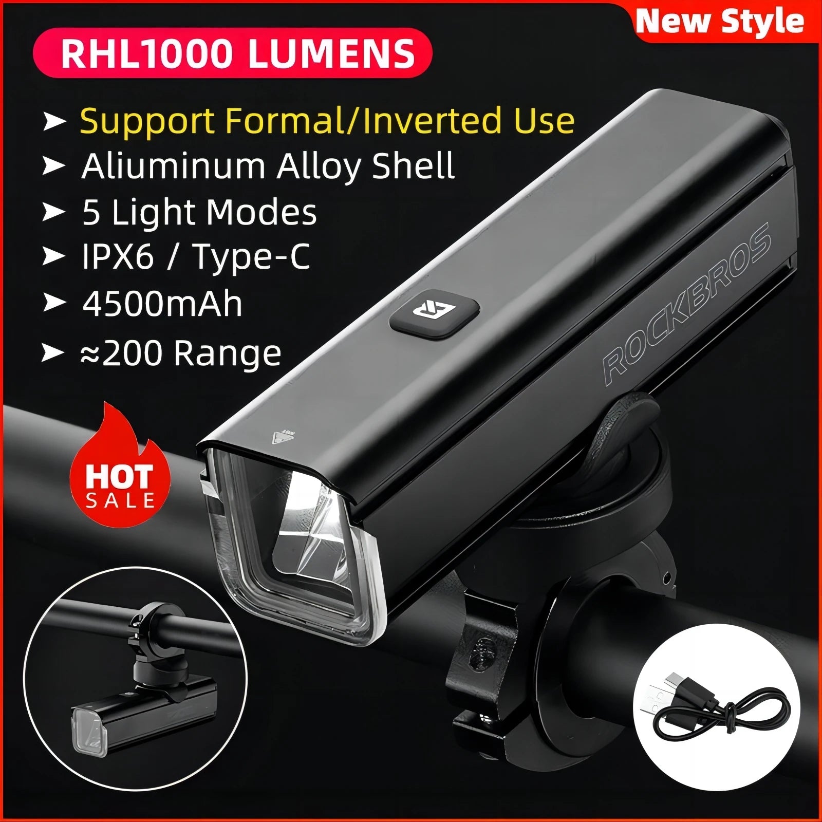Bicycle Light 1000LM Type-C Charging Bike Light Front Lamp Rechargeable Cycling Headlight Aluminum Waterproof RHL1000