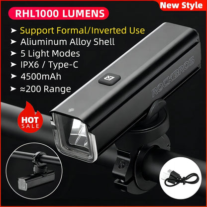 Bicycle Light 1000LM Type-C Charging Bike Light Front Lamp Rechargeable Cycling Headlight Aluminum Waterproof RHL1000