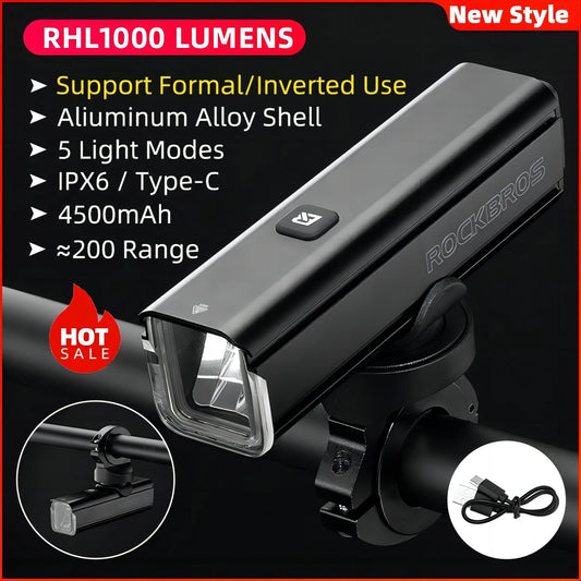 Bicycle Light 1000LM Type-C Charging Bike Light Front Lamp Rechargeable Cycling Headlight Aluminum Waterproof RHL1000