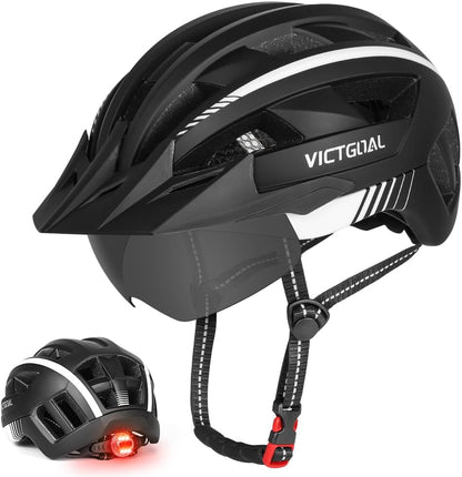 Bike Helmet for Men Women with Led Light Detachable Magnetic Goggles Removable Sun Visor Mountain & Road Bicycle Helmets Adjustable Size Adult Cycling Helmets