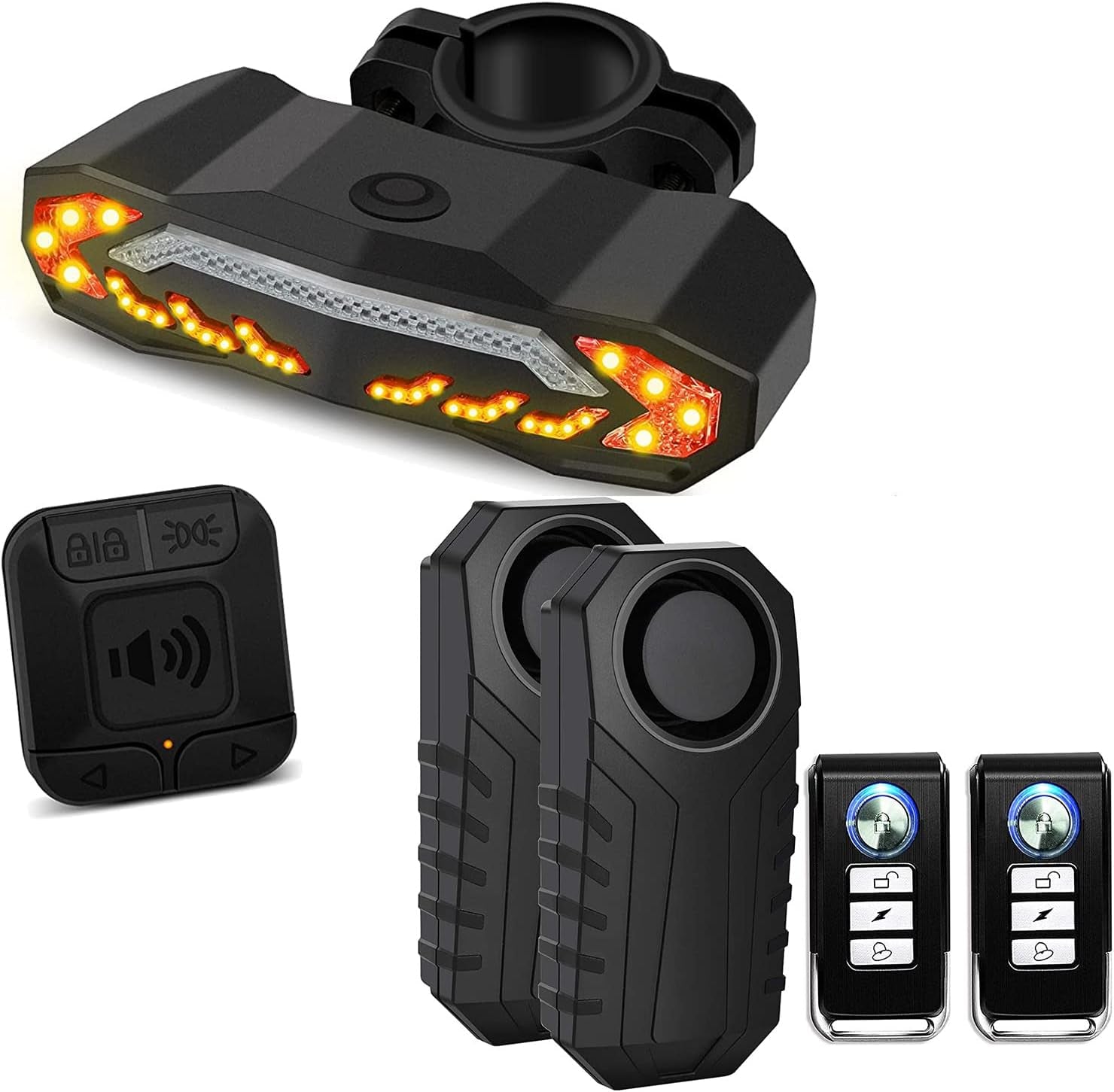 2 Pack Vibration Sensing Bike Alarm with Remote and Ultra Bright Smart Bike Tail Light with Turn Signals